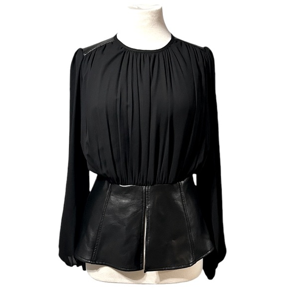 Joseph Ribkoff Black Pleated Long Sleeve top with Pleather Peplum US Size 6 - Picture 5 of 5